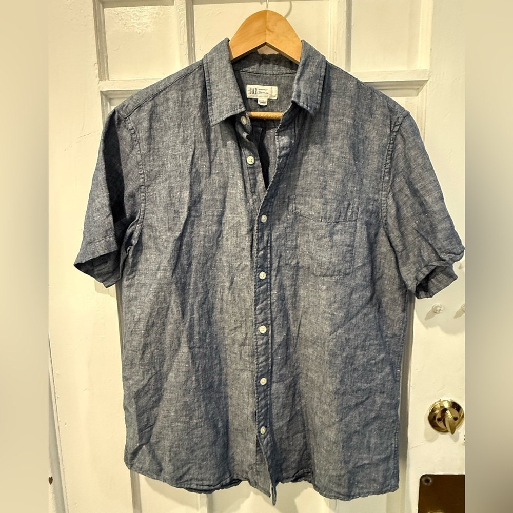 GAP Linen Casual Denim Blue Button-Down Shirt